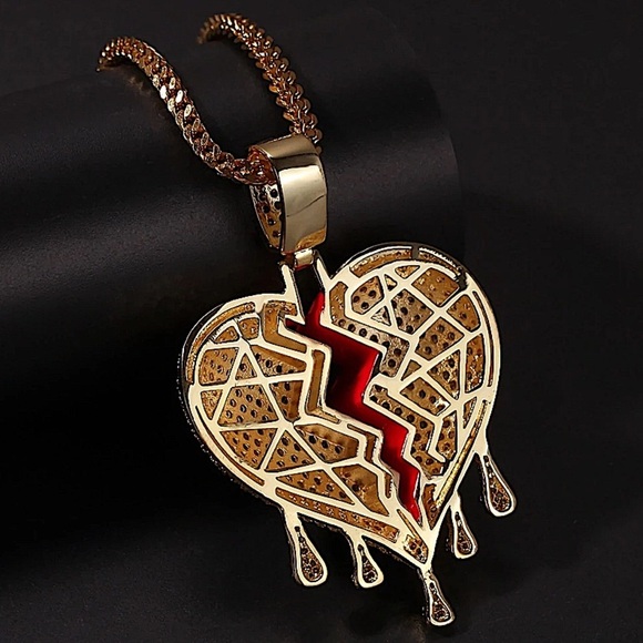 GOLD PLATED BLEEDING ZIRCON HEART ROPE CHAIN CHARM UNISEX NECKLACE - Picture 7 of 12